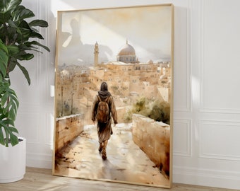 Mosque Painting, Muslim Poster, Pilgrim, Jerusalem, Palestine, Beige, Old city, Pastel wall art, Islamic Decor, Muslim Printable