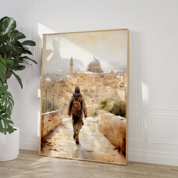 Peinture de mosquée, affiche musulmane, pèlerin, Jérusalem, Palestine, beige, vieille ville, art mural pastel, décoration islamique, impression musulmane