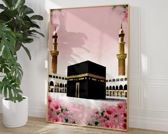 Mecca, Kaaba architecture, Al haram mosque, masjeed, Saudi Arabia,muslim pilgrim, minaret, pink floral boho,muslim printable, islamic poster