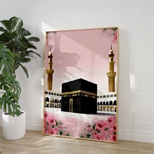 La Meca, arquitectura Kaaba, mezquita Al haram, masjeed, Arabia Saudita, peregrino musulmán, minarete, boho floral rosa, imprimible musulmán, cartel islámico
