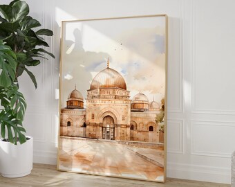 Mosképoster, Al-aqsa, Minaret, Pilgrim, gammal arkitektur, Jerusalem, Klippdomen, Palestina, Islamisk väggkonst, Muslimsk dekor, Mjukbrun
