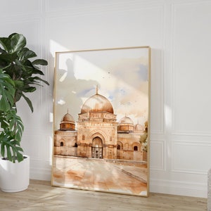 Mosque Poster, Al-aqsa, Minaret, Pilgrim, old architecture, Jerusalem, Dome of Rock, Palestine, Islamic Wall Art, Muslim Decor, Soft Brown