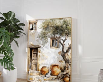 Arquitectura antigua, Edificio antiguo, Impresión nostálgica, Rústico, Beige, Arte de pared bohemio, Póster de gato relajándose afuera, Decoración de habitación, Imprimible, Póster