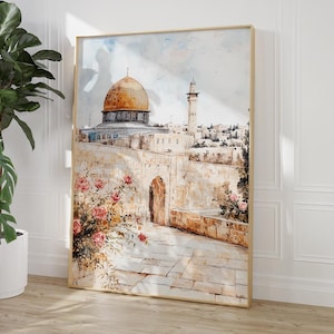 Al Aqsa Dome of the Rock, Palestine Print, Islamic Wall Art, Boho Floral Watercolor Print, Mosque Decor for Home, Dome of the rock Painting
