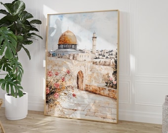 Al Aqsa Dome of the Rock, Palestine Print, Islamic Wall Art, Boho Floral Watercolor Print, Mosque Decor for Home, Dome of the rock Painting