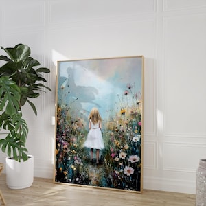 Mädchen im weißen Kleid Malerei, Blumengarten Poster, friedliche Landschaft Gartendruck, Aquarellmalerei, Blumengarten, Digitaldruck