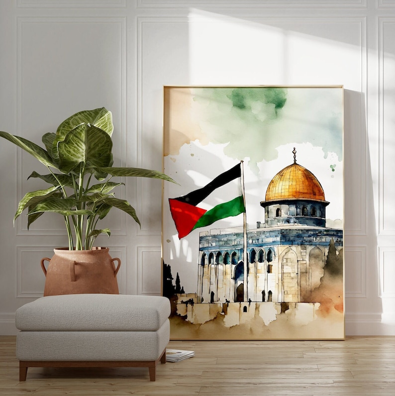 May include: A watercolor painting of the Dome of the Rock in Jerusalem, with a Palestinian flag flying in the foreground. The painting is done in a muted color palette, with shades of brown, green, and blue.