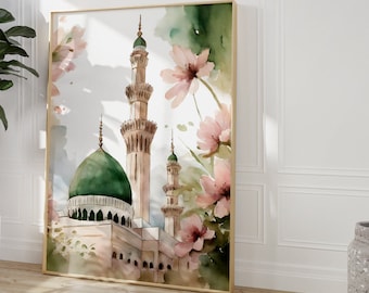 Nabawi-moskén, Al Haram, Rawda, gammal arkitektur, Medina Saudiarabien, beige, bohemisk väggkonst, islamisk dekor, modern, muslimsk utskrivbar, affisch