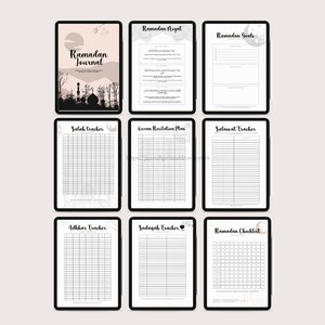 A Ramadan journal with trackers, duas and note-taking features is a journal designed specifically for individuals who are observing the Islamic holy month of Ramadan. The journal typically includes tools to help track daily fasting, prayers, etc