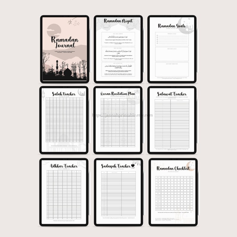 A Ramadan journal with trackers, duas and note-taking features is a journal designed specifically for individuals who are observing the Islamic holy month of Ramadan. The journal typically includes tools to help track daily fasting, prayers, etc