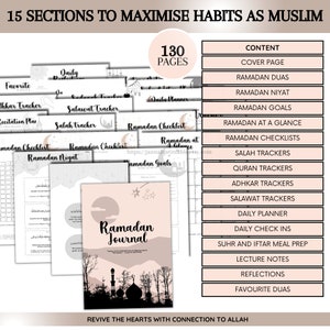 A Ramadan journal with trackers, duas and note-taking features is a journal designed specifically for individuals who are observing the Islamic holy month of Ramadan. The journal typically includes tools to help track daily fasting, prayers, etc