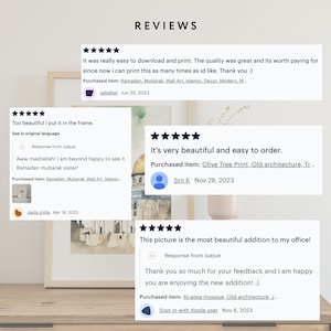 May include: Three customer reviews for a digital art print of an old mosque. The reviews are all positive and include the text "Too beautiful I put it in the frame." and "It's very beautiful and easy to order." and "This picture is the most beautiful addition to my office!"