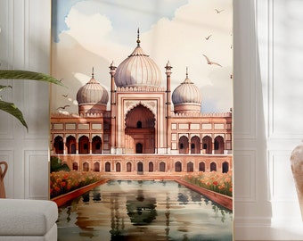 May include: A watercolor painting of a mosque with a reflecting pool in front of it. The mosque is a light pink color with white accents and has multiple domes. The sky is a light blue with white clouds. There are birds flying in the sky.