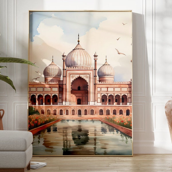 Badshahi mosque poster, Pakistani Architecture, Old Mosque, Pakistan, Islamic Art, Islamic Decor, Muslim Printable, Pastel Watercolour Art