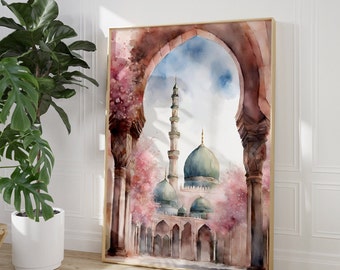 Nabawi-moskén, Al Haram, Rawda, gammal arkitektur, Medina Saudiarabien, beige, bohemisk väggkonst, islamisk dekor, modern, muslimsk utskrivbar, affisch