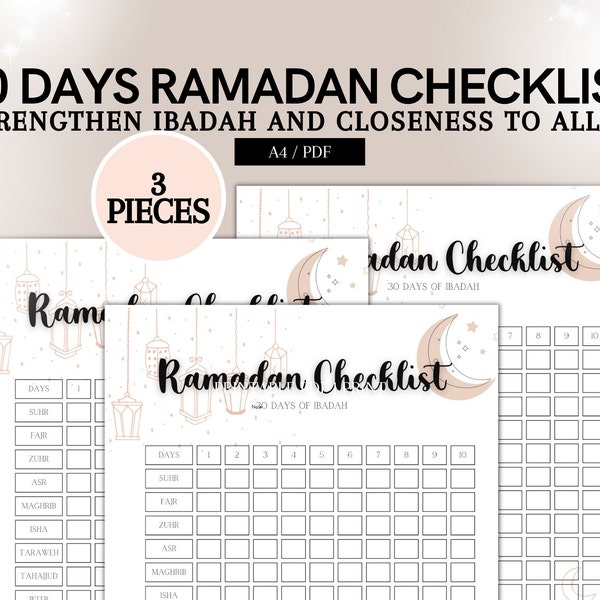 Ramadan Checklists, 30 days challenge, Ramadan Planner, Trackers, Adhkar, Eid, Sadaqah Tracker, Daily Planner, pdf