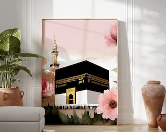 Mecca, Kaaba architecture, Al haram mosque, masjeed, Saudi Arabia,muslim pilgrim, minaret, pink floral boho,muslim printable, islamic poster