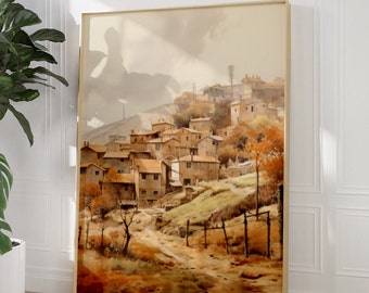 Village poster, fall nature scenery, small village house, soft brown scenery, Boho wall art, Islamic Decor, Modern, Muslim Printable, Poster