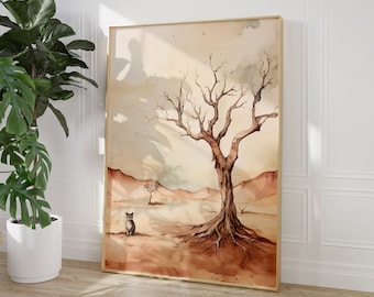 Lonely cat in a desert, date tree, Beige, Boho wall art, Islamic Decor, Modern, Muslim Printable, kitty, Poster, Gift, Cat poster