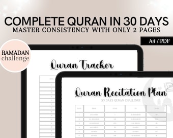 Quran Planner, Ramadan Checklists, 30 days challenge, Ramadan Planner, Trackers, Adhkar, Eid, Sadaqah Tracker, Daily Journal, pdf
