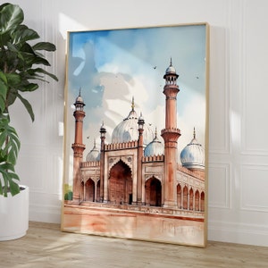 Badshahi mosque poster, Pakistani Architecture, Old Mosque, Pakistan, Islamic Art, Islamic Decor, Muslim Printable, Pastel Watercolour Art
