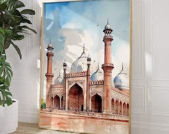Badshahi mosque poster, Pakistani Architecture, Old Mosque, Pakistan, Islamic Art, Islamic Decor, Muslim Printable, Pastel Watercolour Art
