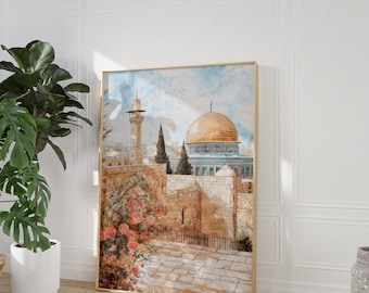 Palestine dreamy print, Al Aqsa Islamic Wall Art, Boho Floral Watercolor Print, Mosque Decor for Home, Islamic Painting Watercolor Art Print