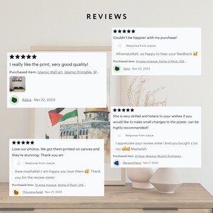 May include: Five-star reviews for a digital art print of the Al-Aqsa Mosque in Jerusalem. The print is described as high quality and the seller is praised for their skill and responsiveness. The reviews include comments like "I really like the print, very good quality!" and "She is very skilled and listens to your wishes if you would like to make small changes to the poster, can be highly recommended!!"