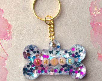 Personalized Dog Tag White Colorful Glitter Resin with Custom Letter Beads