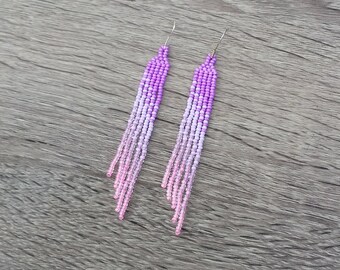 Handmade earrings Boho dangle earrings Festival beaded earrings Ombre bohemian earrings Purple Pink earrings