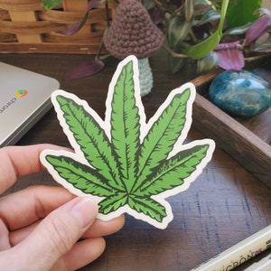 Hemp Leaf Sticker, Marijuana Plant Sticker, Stoner and Pot Themed Sticker, 4 x 4 inches