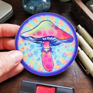 Magic Mushroom Sticker, Trippy Psychedelic Sticker with Colorful Mushroom, Altered Consciousness Hippie Design, 3 inches round