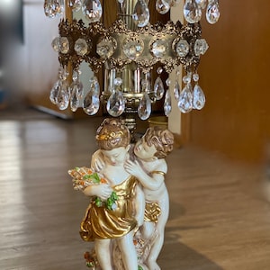 Vintage Large Capodimonte Porcelain Victorain Ceramic Hand Painted Lamp with Crystal Drops, 4-bulb 32.5in tall