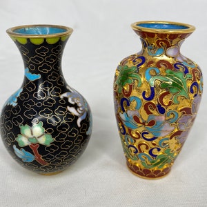 Set of 2 Vintage Miniature Enamel Vases, Vintage Cloisonné Miniature Vases