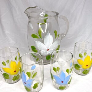 Hand Painted Lemon & Blueberry One Gallon Glass Pitcher set with Four  Matching 16oz Glasses