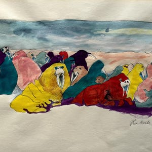 Lin Carte Anderson (1947-2012) Original Etching Watercolor, Pencil Signed, Children's Art, Walrus' Seals' Sea Lions' Colorful