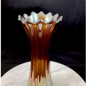 Westmoreland Corinth Marigold Carnival Glass Swung/Stretch Vase ca.1920, Morning Glory
