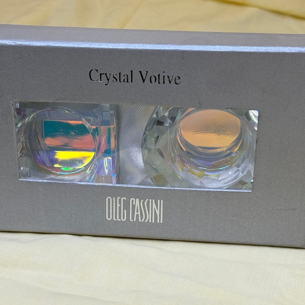 Oleg Cassini Crystal Clear Iridescent Votive Candle Holder Multi Faceted Crystal Signed NOS Original Box