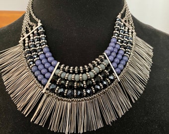 Vintage Park Lane Jewelry Cayman Necklace,  CAYMAN Silver Spike Blue Beaded Silver Tone Fashion Bib Necklace