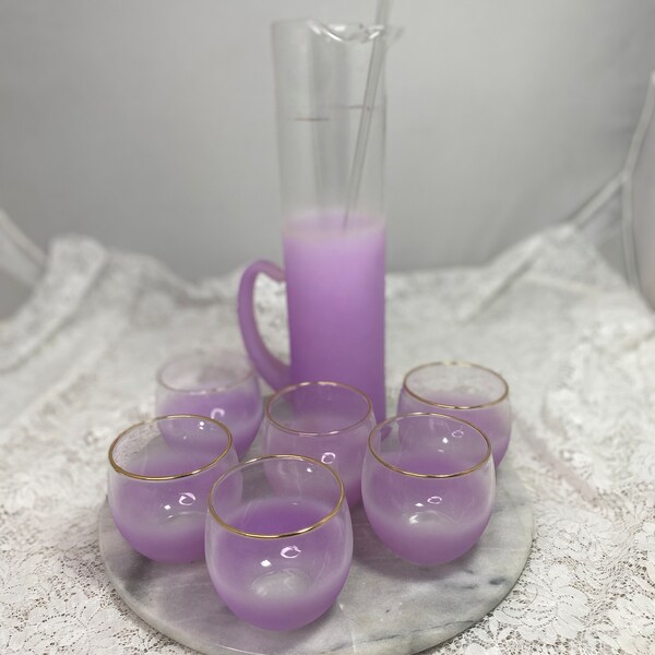 Blendo Orchid Lavendar Purple Frosted Glass Gold Rim Cocktail Pitcher, Stirrer, 6 glasses,  by West Virginia Glass Specialty