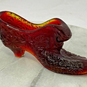 Vintage Fenton Red Amberina Cat in Daisy & Botton Pattern, Glass Slipper Shoe