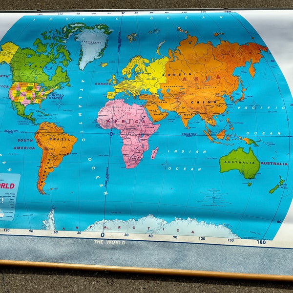 Vintage Classroom Pull Down Classroom Map - The World, Modern Educational Systems, Circa 1992