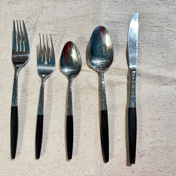 Vintage Interpur Japan INR2 Black Synthetic Wood Handle and Stainless Steel Silverware Flatware Mid-Century Modern