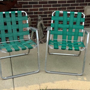 Vintage Mid-Century Aluminum Folding Picnic Webbed Chairs, Patio Chairs, Beach Chairs, Set of Two