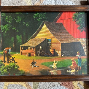 Vintage Paul Detlefsen Print - Kids, Barn, Duck, Pond - 