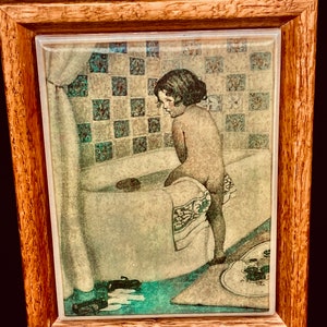 Kimberly Enterprises Vintage Tile Artwork, Oak Frame, Girl in Bathroom