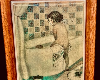 Kimberly Enterprises Vintage Tile Artwork, Oak Frame, Girl in Bathroom