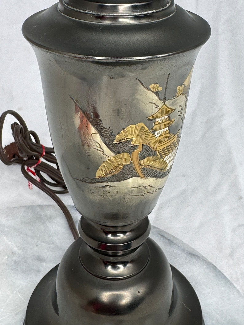 Vintage Small Brass Desk Lamp Black & Gold Japanese Pagoda Etched, Signed 1950's Japanese Hand