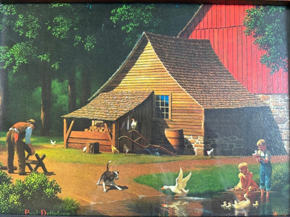 Vintage Paul Detlefsen Print - Kids, Barn, Duck, Pond - 