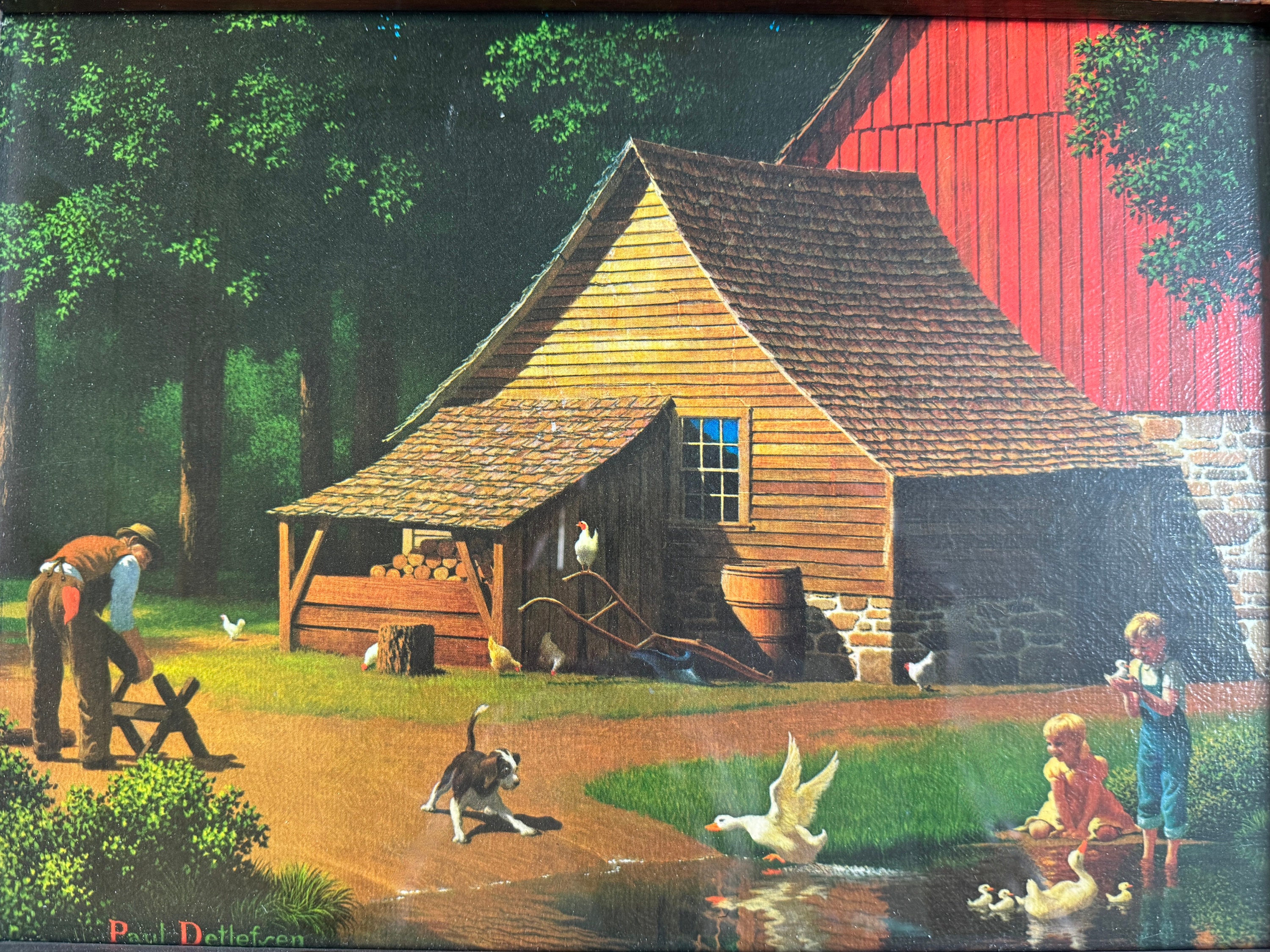 Vintage Paul Detlefsen Print - Kids, Barn, Duck, Pond - 